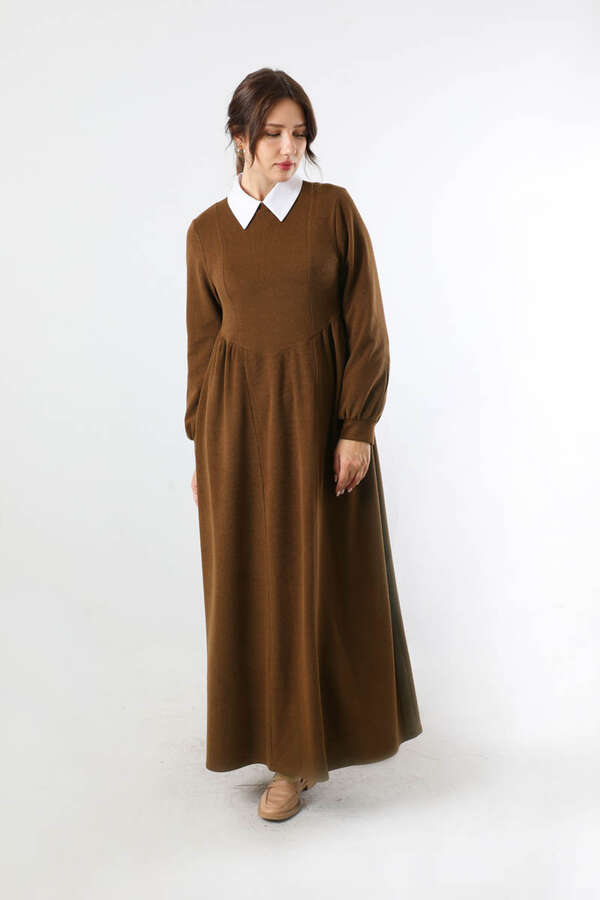 Yandan Pileli Elbise Kahverengi - 3