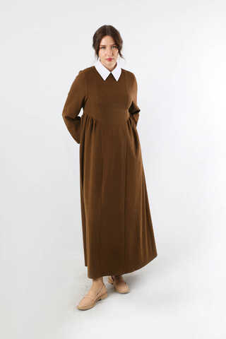 Yandan Pileli Elbise Kahverengi - 4