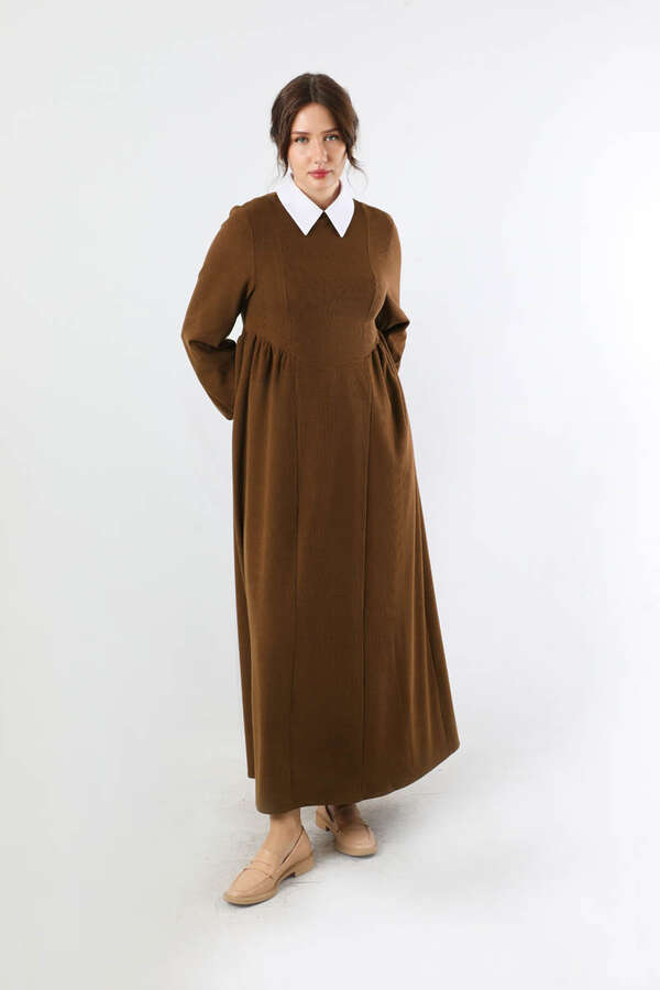 Yandan Pileli Elbise Kahverengi - 4