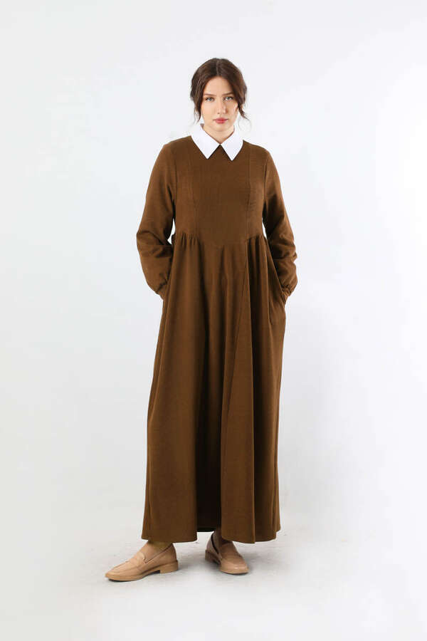 Yandan Pileli Elbise Kahverengi - 1