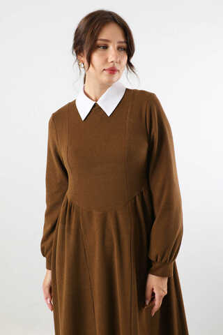 Yandan Pileli Elbise Kahverengi - 2