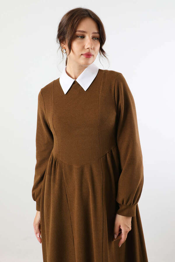 Yandan Pileli Elbise Kahverengi - 2