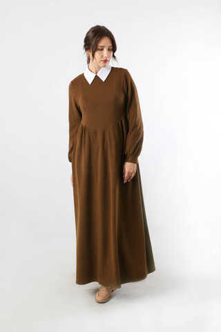 Yandan Pileli Elbise Kahverengi - 3