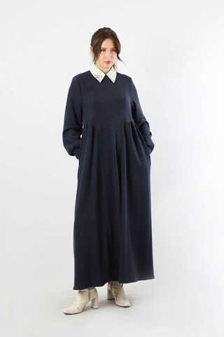 Yandan Pileli Elbise Lacivert - 1