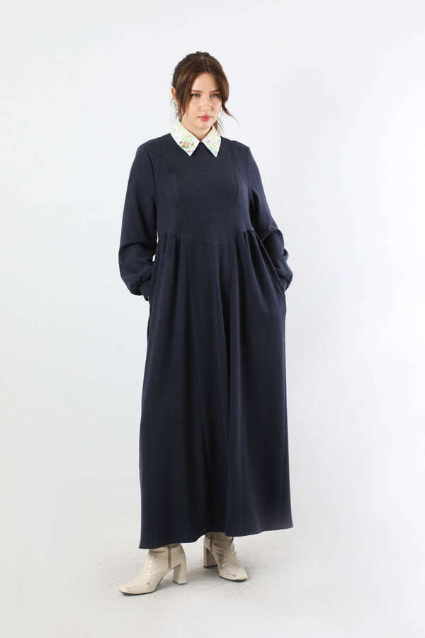 Yandan Pileli Elbise Lacivert - 1
