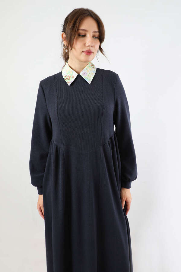 Yandan Pileli Elbise Lacivert - 2