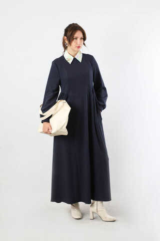 Yandan Pileli Elbise Lacivert - 3