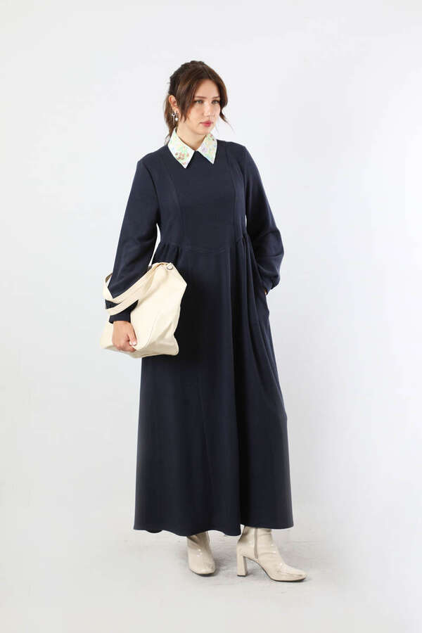 Yandan Pileli Elbise Lacivert - 3