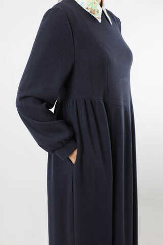 Yandan Pileli Elbise Lacivert - 4