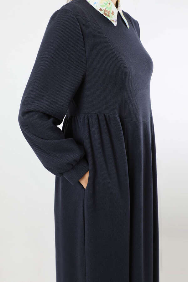 Yandan Pileli Elbise Lacivert - 4