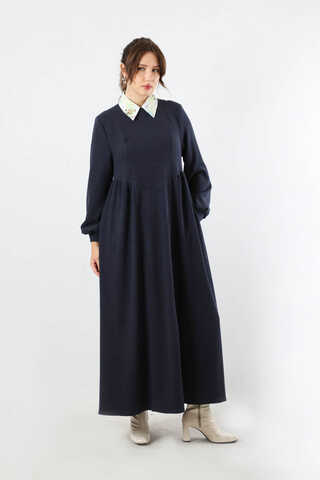 Yandan Pileli Elbise Lacivert - 5