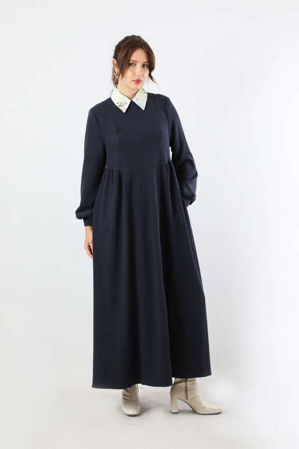 Yandan Pileli Elbise Lacivert - 5