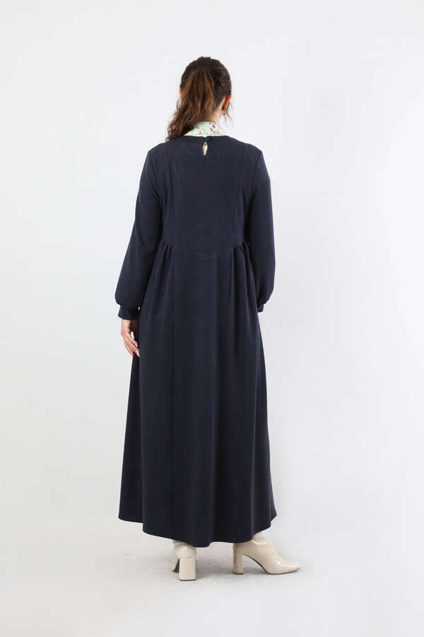 Yandan Pileli Elbise Lacivert - 6