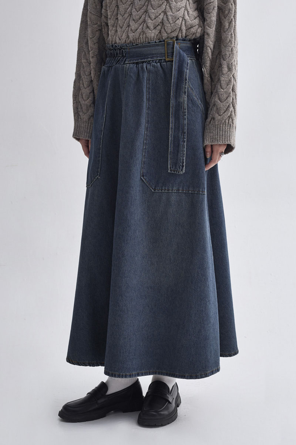 Yandan Tokalı Denim Etek Koyu Mavi - 2