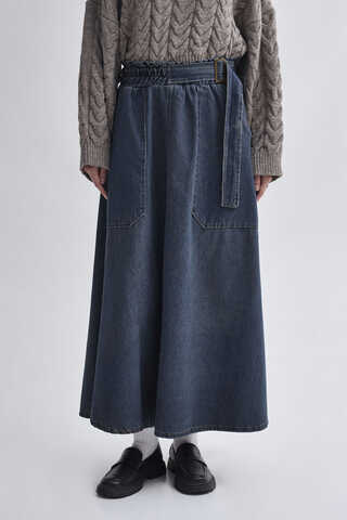 Yandan Tokalı Denim Etek Koyu Mavi - 5