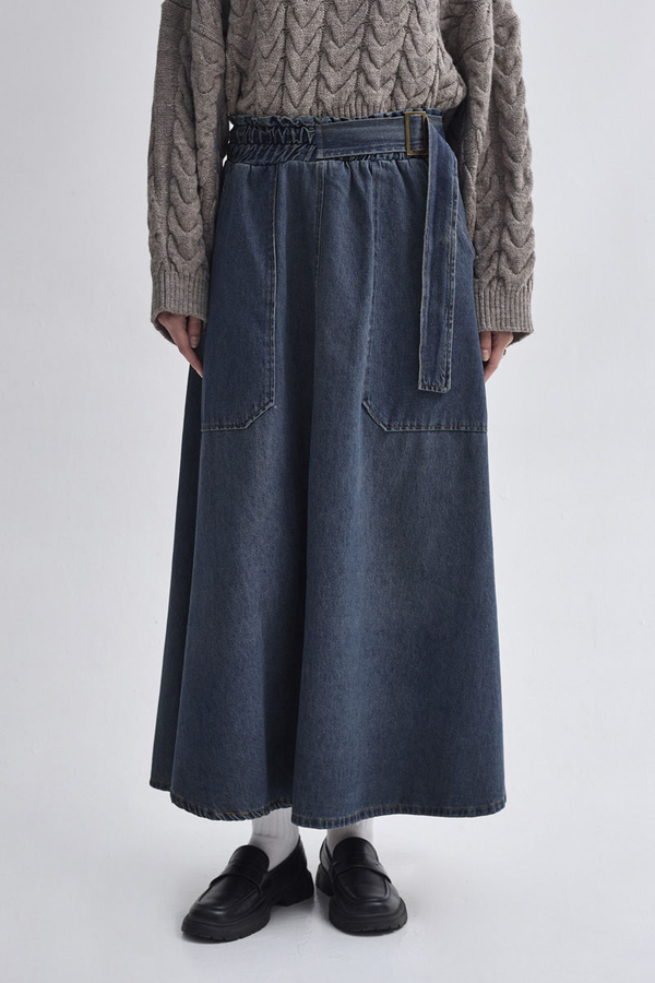 Yandan Tokalı Denim Etek Koyu Mavi - 5