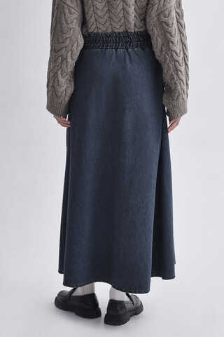 Yandan Tokalı Denim Etek Koyu Mavi - 7