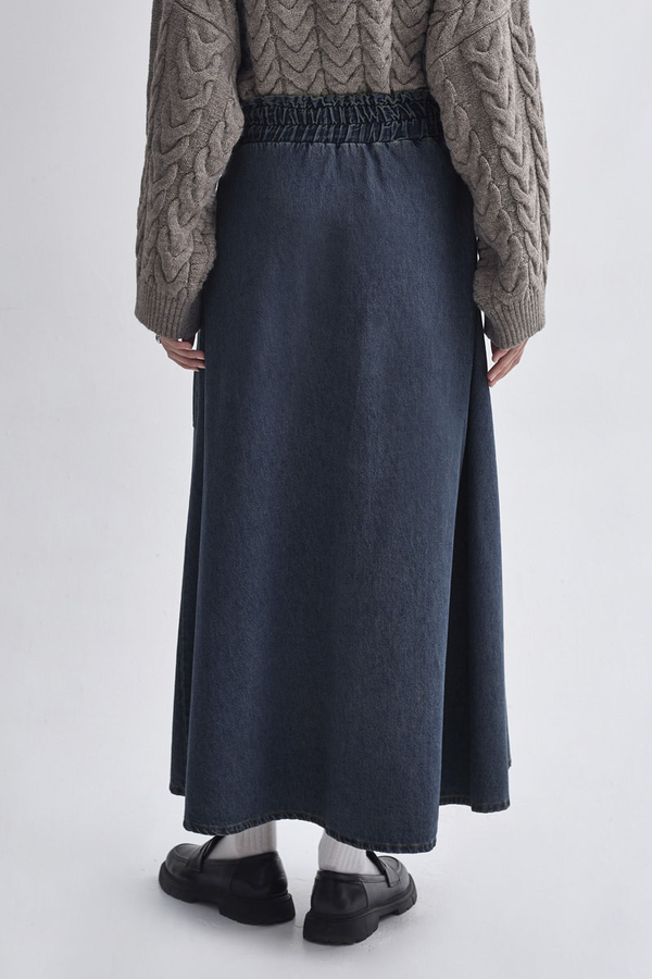 Yandan Tokalı Denim Etek Koyu Mavi - 7