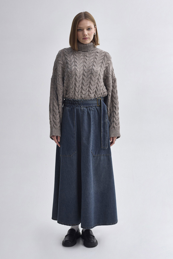 Yandan Tokalı Denim Etek Koyu Mavi - 3