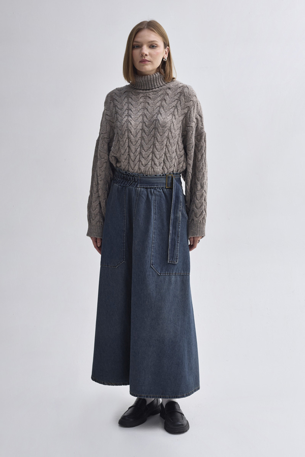 Yandan Tokalı Denim Etek Koyu Mavi - 6