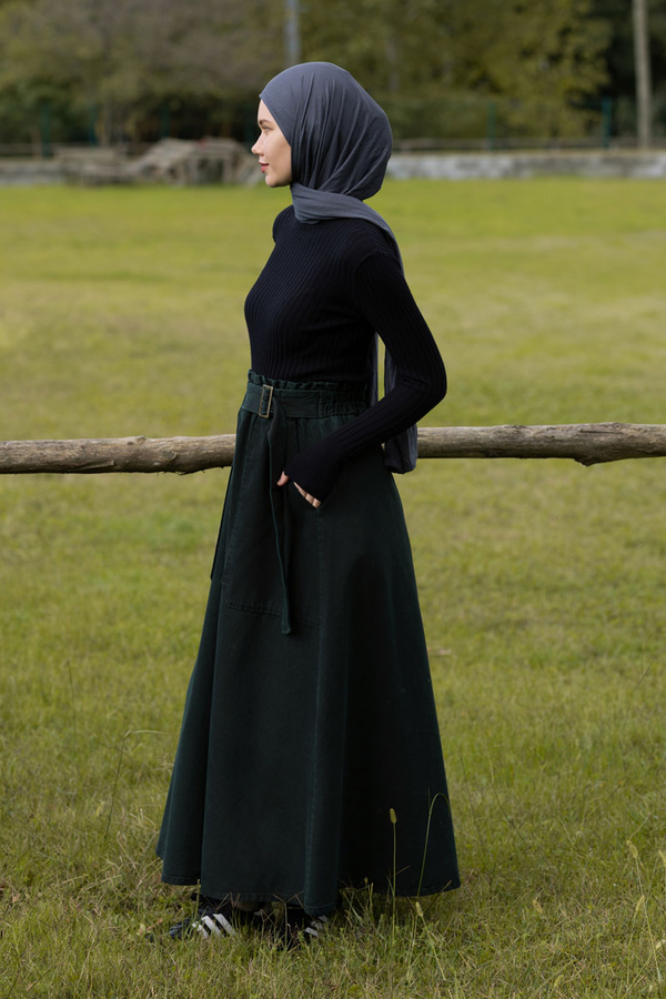 Yandan Tokalı Denim Etek Koyu Tint Yeşil - 10