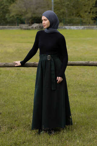 Yandan Tokalı Denim Etek Koyu Tint Yeşil - 6