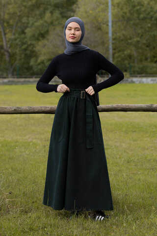 Yandan Tokalı Denim Etek Koyu Tint Yeşil - 7