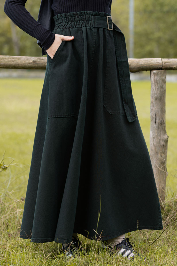 Yandan Tokalı Denim Etek Koyu Tint Yeşil - 3