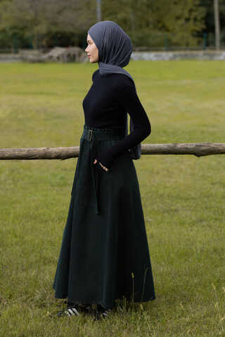 Yandan Tokalı Denim Etek Koyu Tint Yeşil - 10