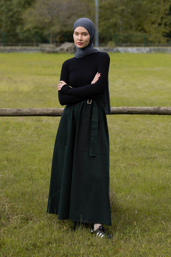 Yandan Tokalı Denim Etek Koyu Tint Yeşil - 11