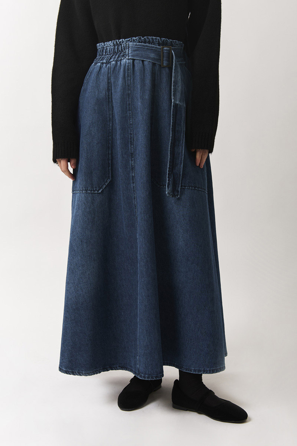 Yandan Tokalı Denim Etek Mavi - 3