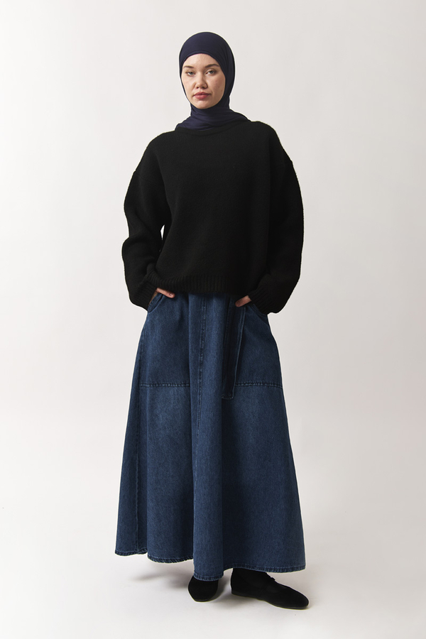 Yandan Tokalı Denim Etek Mavi (1)