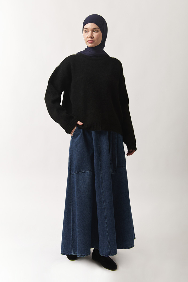 Yandan Tokalı Denim Etek Mavi - 4