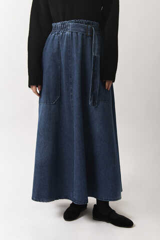 Yandan Tokalı Denim Etek Mavi - 3