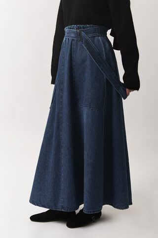 Yandan Tokalı Denim Etek Mavi - 5