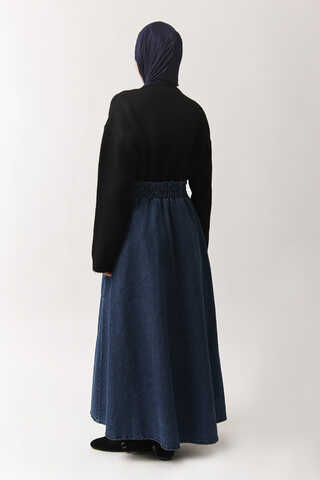 Yandan Tokalı Denim Etek Mavi - 7