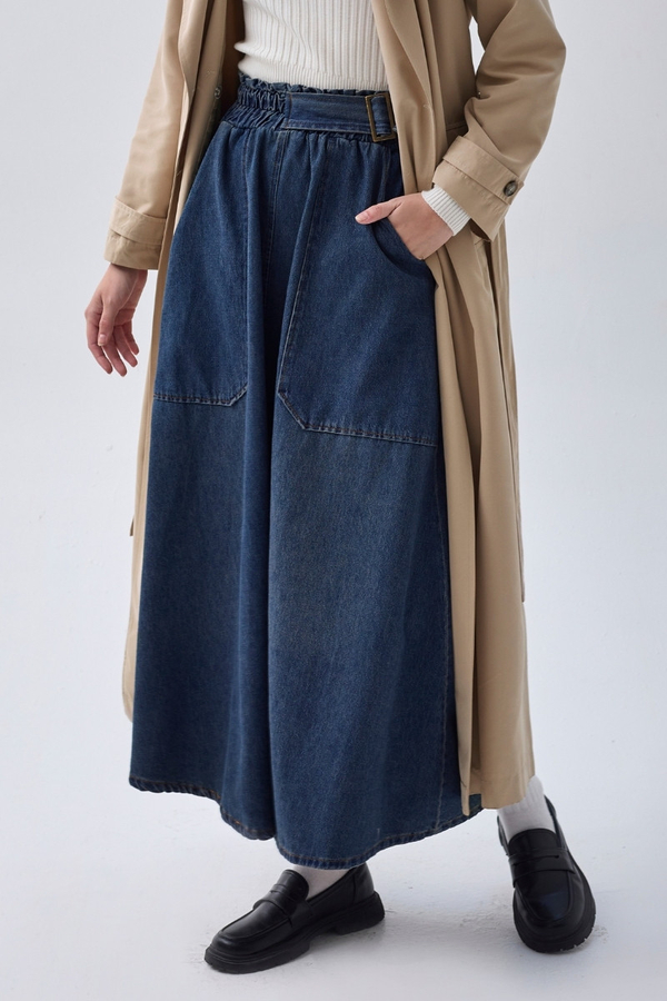 Yandan Tokalı Denim Etek Mavi - 1