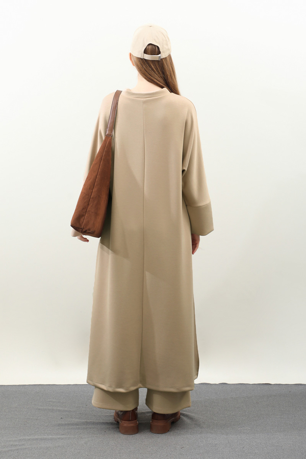 Yandan Yırtmaçlı Uzun Takım Bej - 8