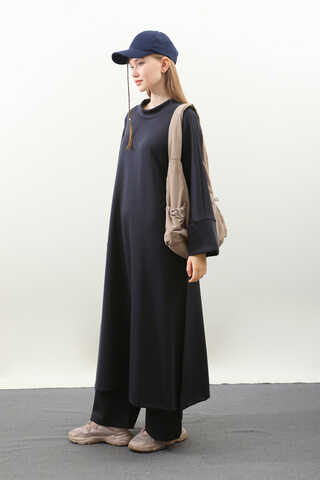 Yandan Yırtmaçlı Uzun Takım Koyu Lacivert - 4