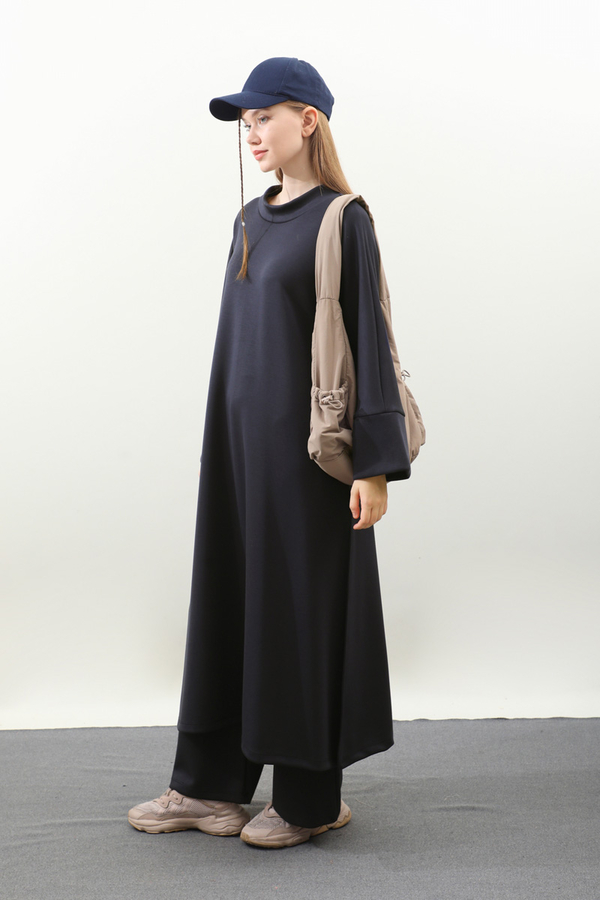 Yandan Yırtmaçlı Uzun Takım Koyu Lacivert - 4