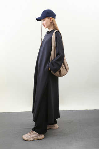 Yandan Yırtmaçlı Uzun Takım Koyu Lacivert - 7