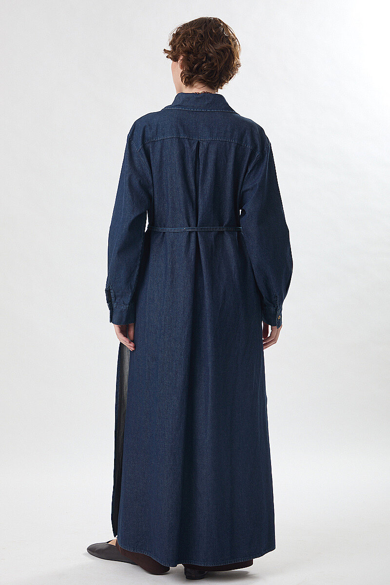 Yanlardan Derin Yırtmaçlı Uzun Denim Gömlek Koyu Mavi - 6