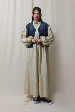 Çizgili Keten Elbise Bebe Mavisi - 2