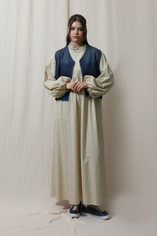 Çizgili Keten Elbise Bebe Mavisi - 2