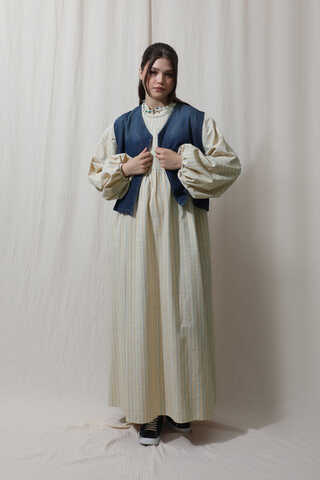 Çizgili Keten Elbise Bebe Mavisi - 5