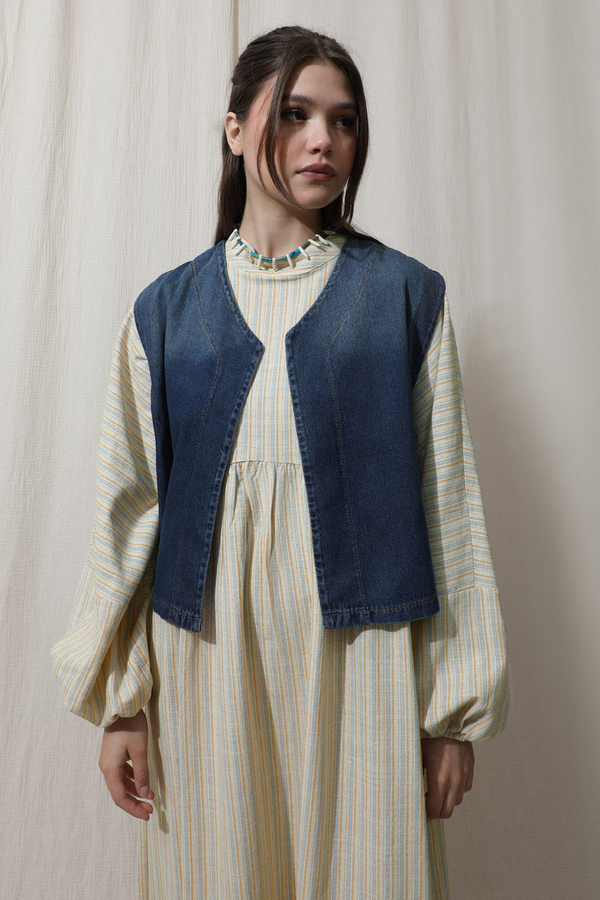 Çizgili Keten Elbise Bebe Mavisi - 1