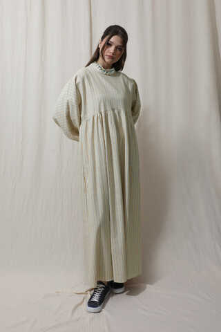 Çizgili Keten Elbise Bebe Mavisi - 6