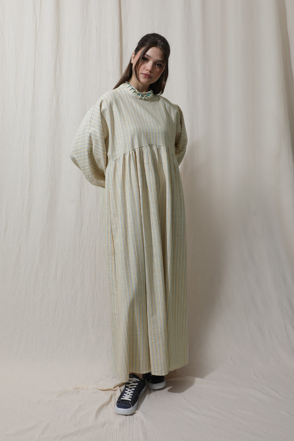 Çizgili Keten Elbise Bebe Mavisi - 6