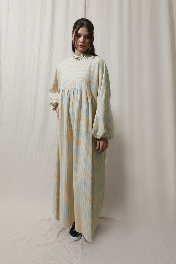 Çizgili Keten Elbise Bebe Mavisi - 3