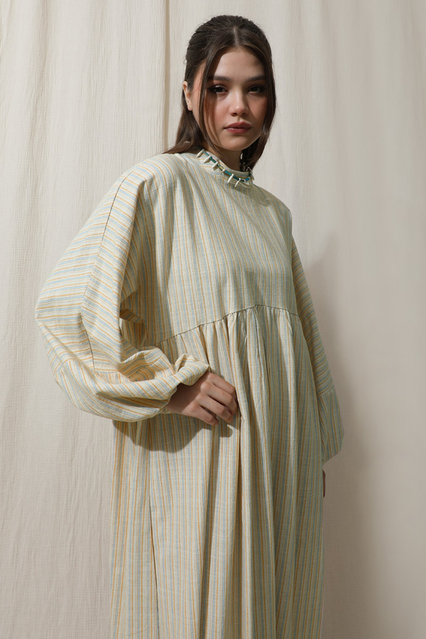 Çizgili Keten Elbise Bebe Mavisi - 4